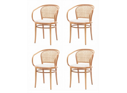 4x Esszimmerstuhl Beige Rattan Geflecht Armlehnen Gepolstert Retro