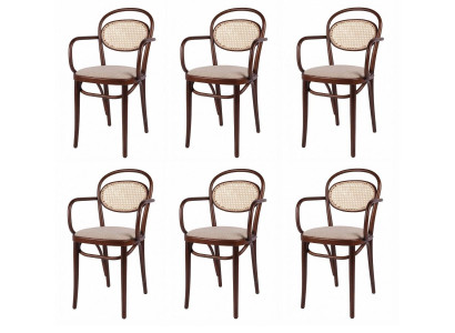 6x Esszimmerstuhl Dunkelbraun Rattan Armlehnen Wiener Geflecht Retro