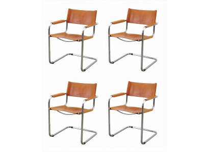 4x Freischwinger Esszimmerstühle Leder Chrom Armlehnen Bauhaus Design