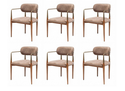 6 Esszimmerstühle Beige Gepolstert Holz Metall Armlehnen Modern Luxury