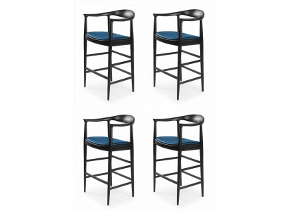 4er Set Barhocker Schwarz Blau Holz Gepolstert Armlehnen Modern Leder