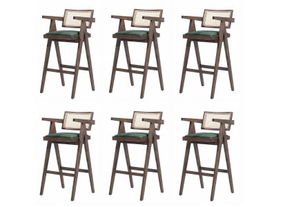 6er-Set Barhocker Holz Braun Grün Rattan Geflecht Armlehnen Design