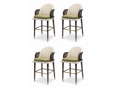 4er-Set Barhocker Beige Grün Bouclé Rattan Holz Messing Modern Elegant