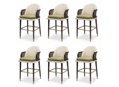 6er-Set Barhocker Beige Grün Rattan Holz Messing Gepolstert Elegant