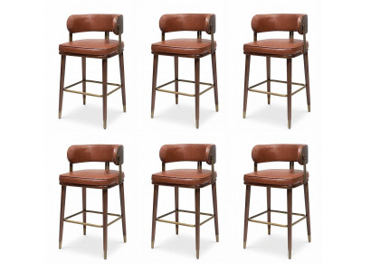 6x Barhocker Leder Braun Gepolstert Holz Messing Vintage Retro Design