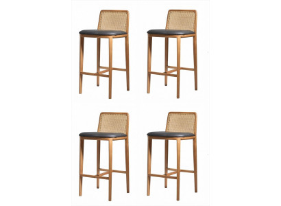 4x Barhocker Holz Rattan Geflecht Schwarz Gepolstert Modern Design