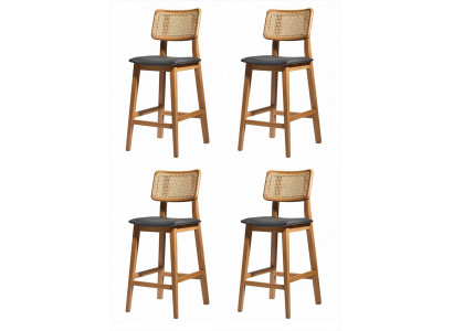 4x Barhocker Holz Rattan Geflecht Schwarz Gepolstert Retro Design