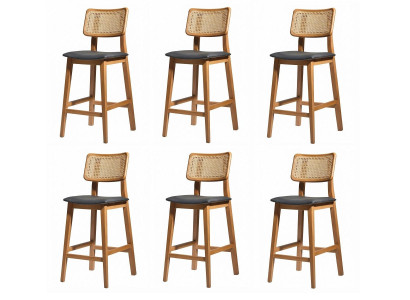 6x Barhocker Holz Rattan Wiener Geflecht Schwarz Gepolstert Braun