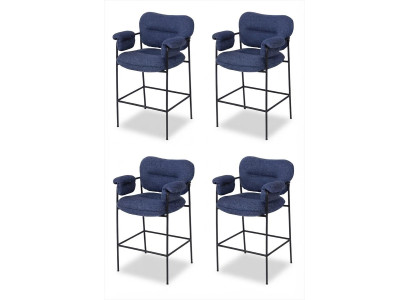 4x Barhocker Blau Schwarz Gepolstert Metall Armlehnen Fußstütze Modern