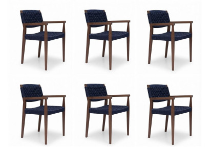 6x Stühle Blau Braun Holz Textil Armlehnen Rückenlehne Modern Design