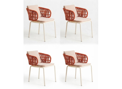4x Stühle Beige Orange Modern Textil Metall Esszimmer Küche Lounge Set