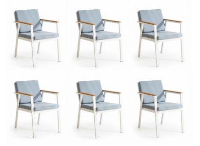 6x Esszimmerstuhl Stuhl Hellblau Weiß Holz Textil Modern Gepolstert
