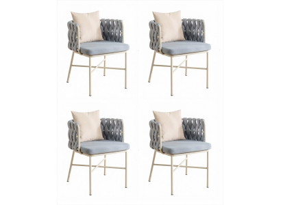 4x Moderne Gartenstühle Grau Beige Textil Metall Esszimmerstuhl Set