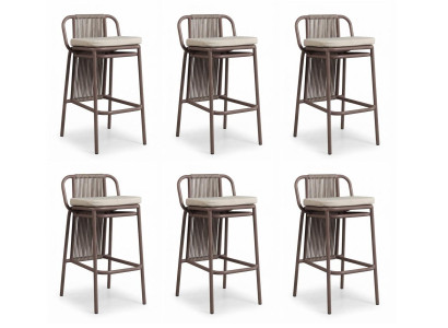 6x Barhocker Metallgestell Braun Beige Polster Seilbespannung Modern