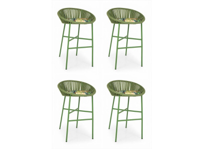 4x Barhocker Grün Geflecht Metallgestell Sitzkissen Tropisches Design