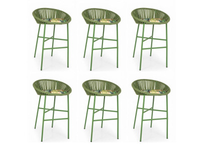 6x Barhocker Grün Geflecht Metallgestell Sitzkissen Tropisches Design