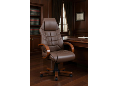 Bürosessel Kunstleder Braun mit ergonomischer Rückenlehne und Holzarmlehnen