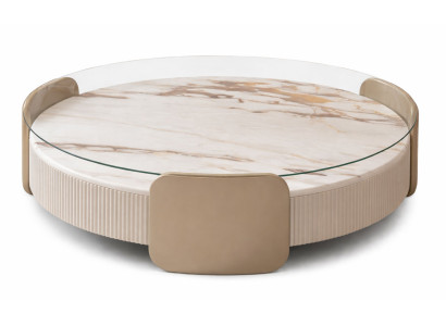 Beiger runder Couchtisch Tisch mit Glasplatte  Holztisch für das Wohnzimmer