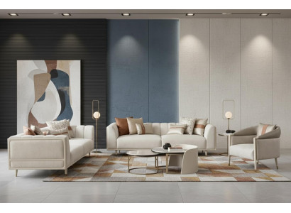 Beige 2x 3-Sitzer-Sofas Sessel und Couchtisch im eleganten Design