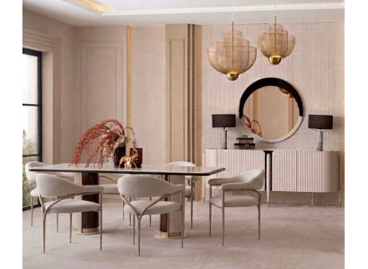 Stilvolles beiges Esszimmer-Set Esstisch Stuhlgarnitur Sideboard Spiegel
