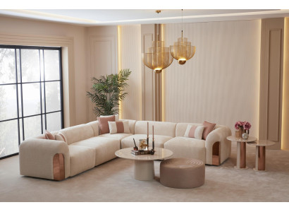 Beiges Wohnzimmer-Set großes Ecksofa Couchtisch Ottomane Beistelltische