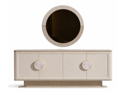 Beigefarbene Sideboard mit Spiegel Kommode Holz-Anrichte Esszimmermöbel