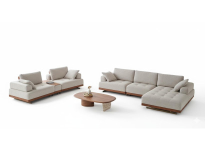 Beige Stoffgarnitur Designer Ecksofa 2-Sitzer Luxuriöser Couchtisch