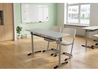 Stabiler Doppel-Schultisch mit 2 Stühlen Grau Modern Klassenzimmer