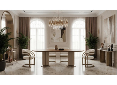 Beige-braunes Esszimmer-Set großer Esstisch 4 Stühle Esszimmermöbel