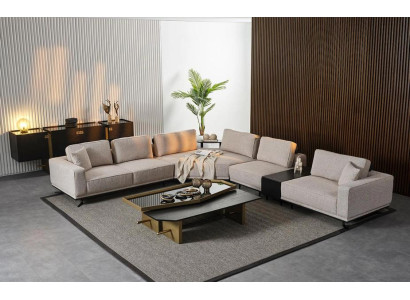 Beiges Ecksofa L-Form, 6-teilig, Modern, Mit Kissen, 8 Sitzplätze