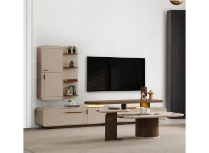 Beige Wohnzimmer Garnitur Designer TV-Lowboard Holz Wandschränke
