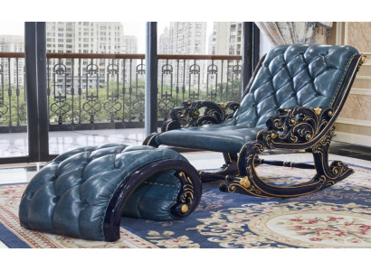 Chesterfield klassischer Schaukelstuhl mit Hocker aus Holz und Leder