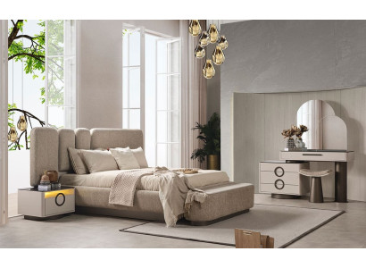 Beige Schlafzimmer Set: Bett mit 2 Nachttischen – Luxuriöse Möbel