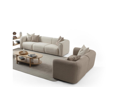 Stilvolle Couchgarnitur Beiger Dreisitzer Holzgestell Textilsofas