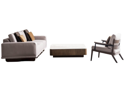 Beige Wohnzimmer Garnitur Relaxsofa Designer Sessel Holztisch 3tlg