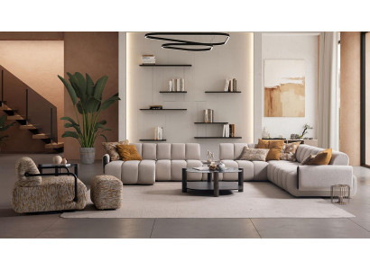 Stilvolle Couchgarnitur Designer Ecksofa Hocker Holz Couchtisch 4tlg