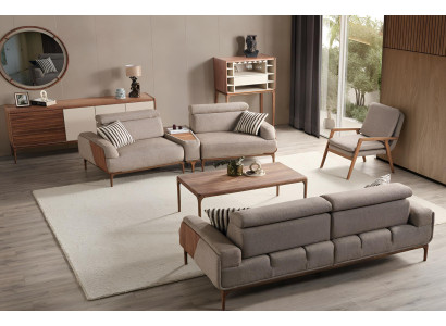 Beige Moderne Couchgarnitur Polstersofas Designer 2-Sitzer Holztisch