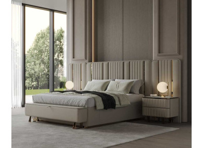 Beige Schlafzimmer Garnitur Designer Polsterbett 2x Holz Nachttische